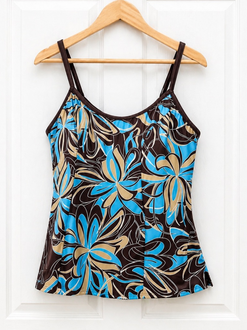 BALTEX Floral Tankini Top 1X Brown Blue Swim Shelf Bra Plus Size